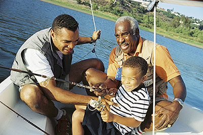 Estate Planning allows for three generations of men to fish on a lake in a boat 