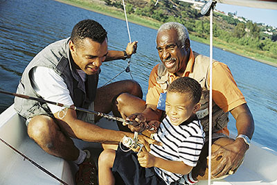 Estate Planning allows for three generations of men to fish on a lake in a boat 